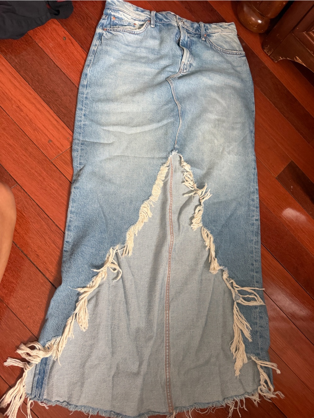 MOTHER Light Blue Distressed Denim Maxi Skirt with Frayed Slit